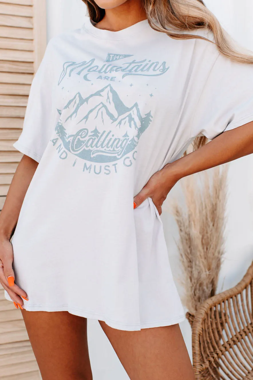 "The Mountains Are Calling And I Must Go" Graphic Top (Silver)