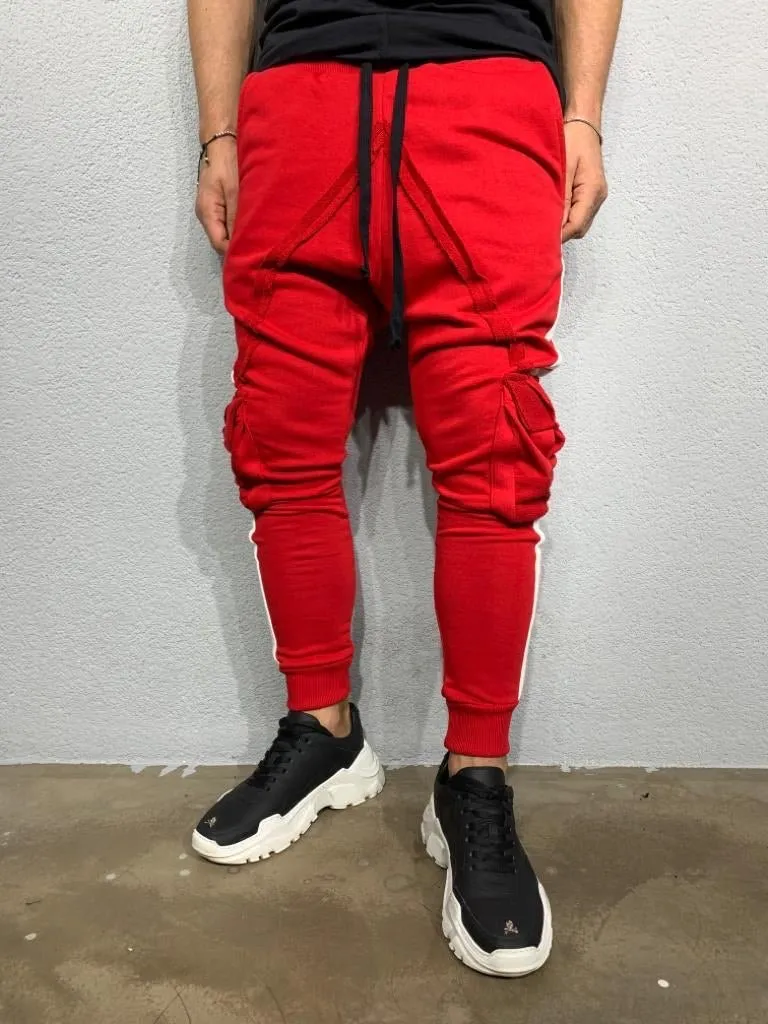 Red Striped Cargo Pocket Jogger Pant BI-015 Streetwear Mens Jogger Pants