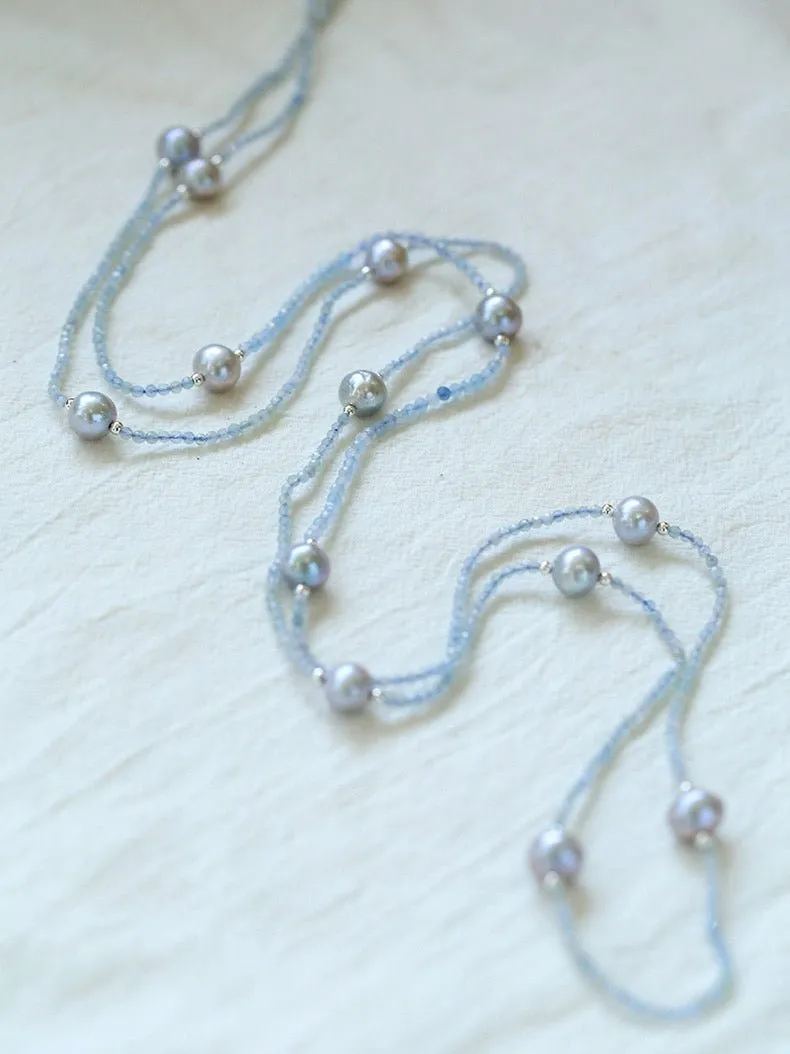 Refreshing Aquamarine Grey Pearl Long Beaded Necklace