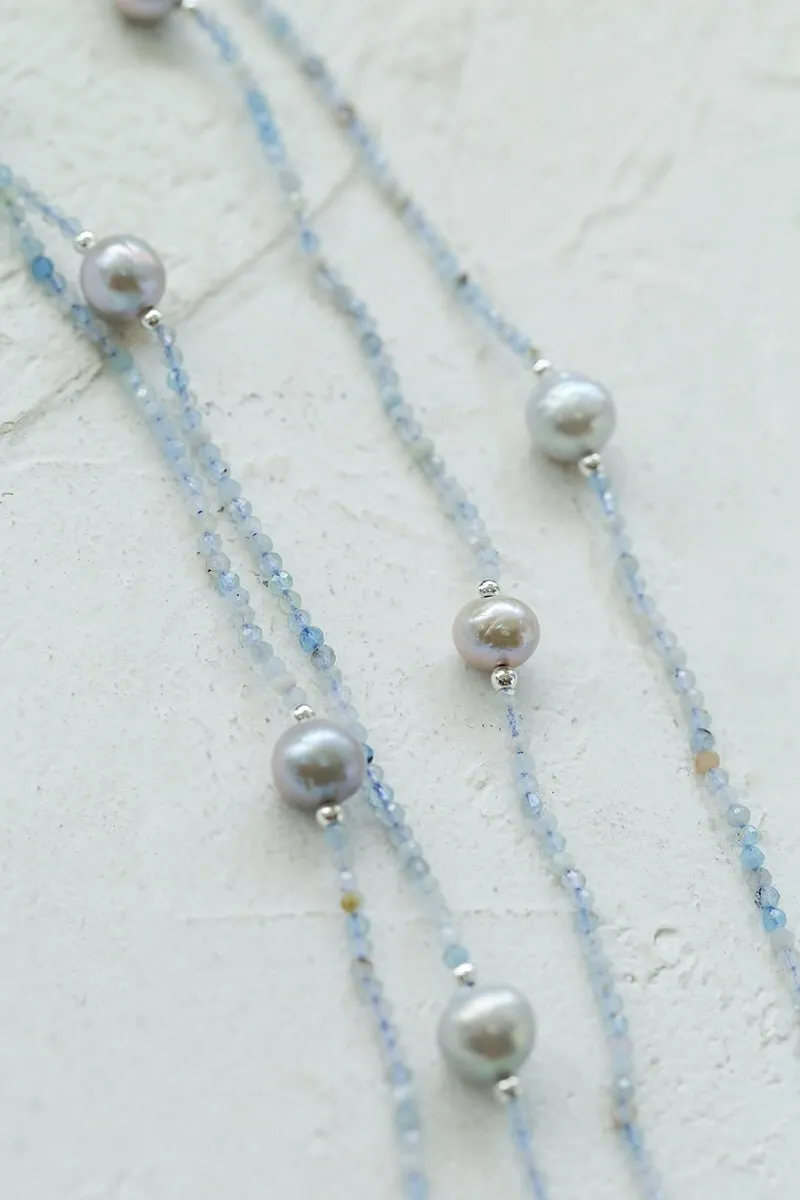 Refreshing Aquamarine Grey Pearl Long Beaded Necklace