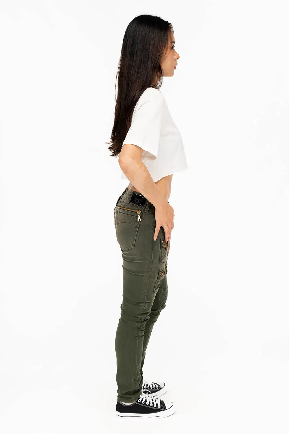 ROBIN'S MILITARY INSPIRED WOMEN'S SKINNY UTILITARIAN JEANS IN SULFUR GREEN ARMY WITH STUDS AND CRYSTALS