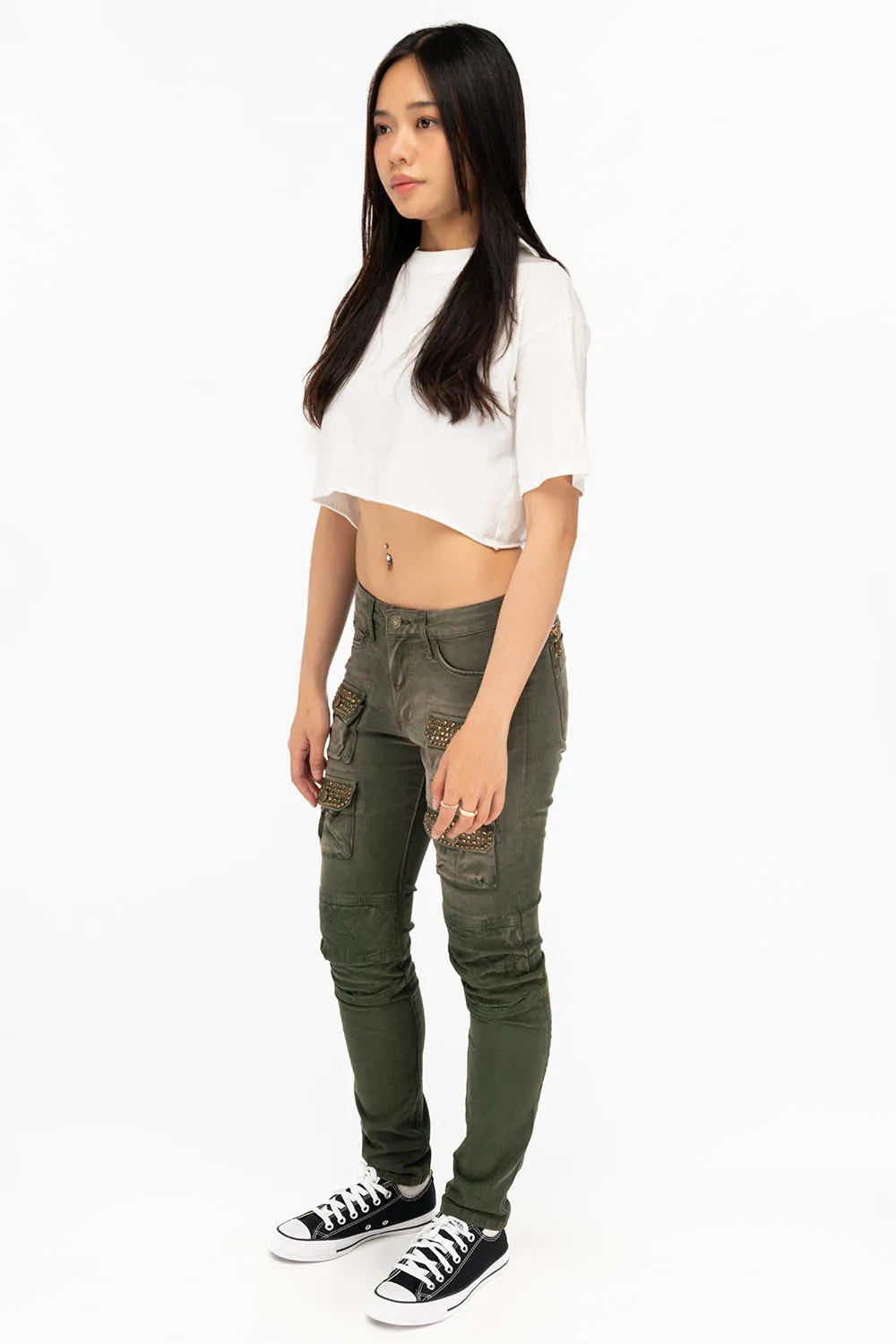 ROBIN'S MILITARY INSPIRED WOMEN'S SKINNY UTILITARIAN JEANS IN SULFUR GREEN ARMY WITH STUDS AND CRYSTALS