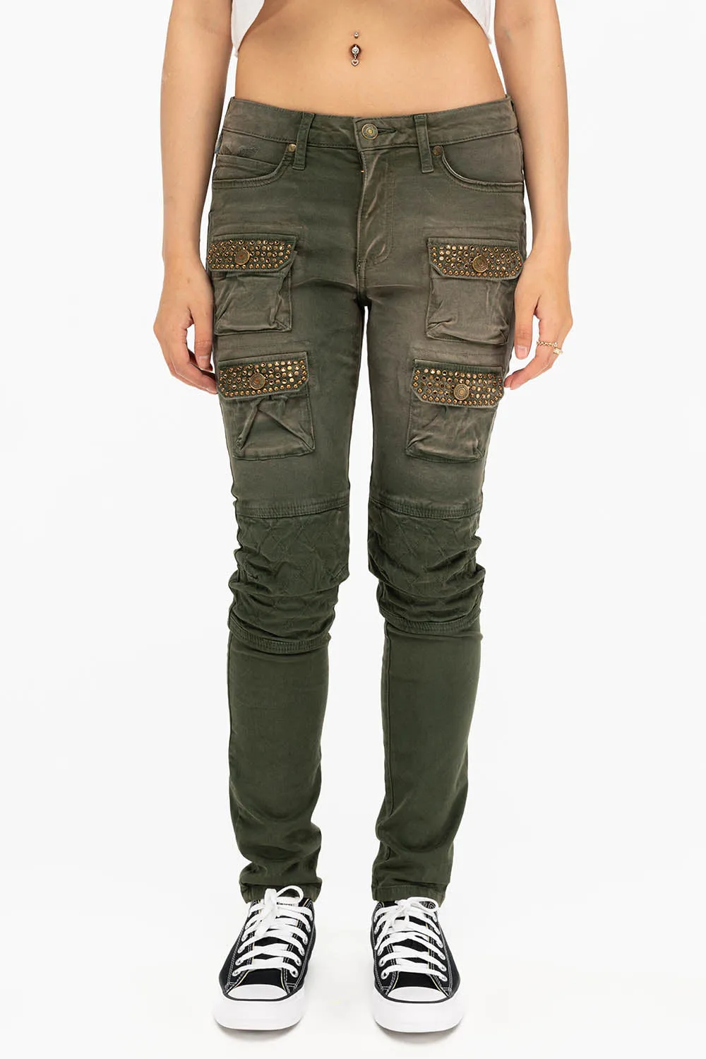 ROBIN'S MILITARY INSPIRED WOMEN'S SKINNY UTILITARIAN JEANS IN SULFUR GREEN ARMY WITH STUDS AND CRYSTALS