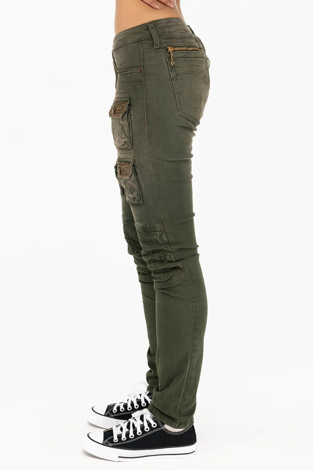 ROBIN'S MILITARY INSPIRED WOMEN'S SKINNY UTILITARIAN JEANS IN SULFUR GREEN ARMY WITH STUDS AND CRYSTALS