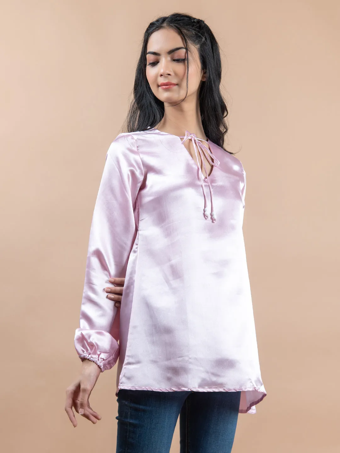 Rosy Pink Satin Full Sleeves Top