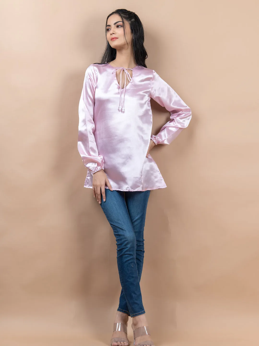 Rosy Pink Satin Full Sleeves Top