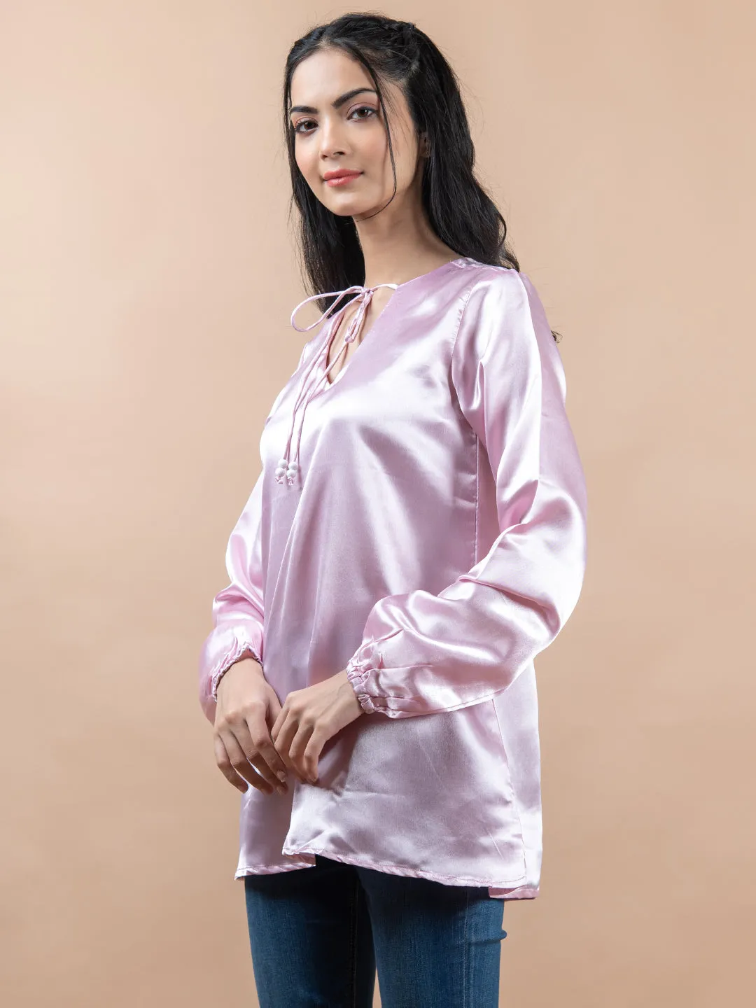 Rosy Pink Satin Full Sleeves Top