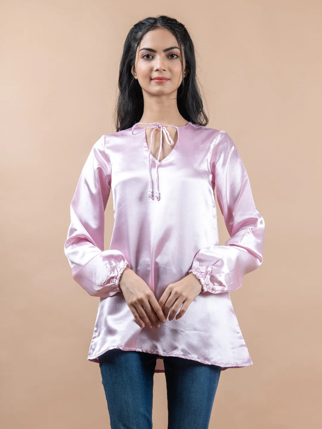 Rosy Pink Satin Full Sleeves Top