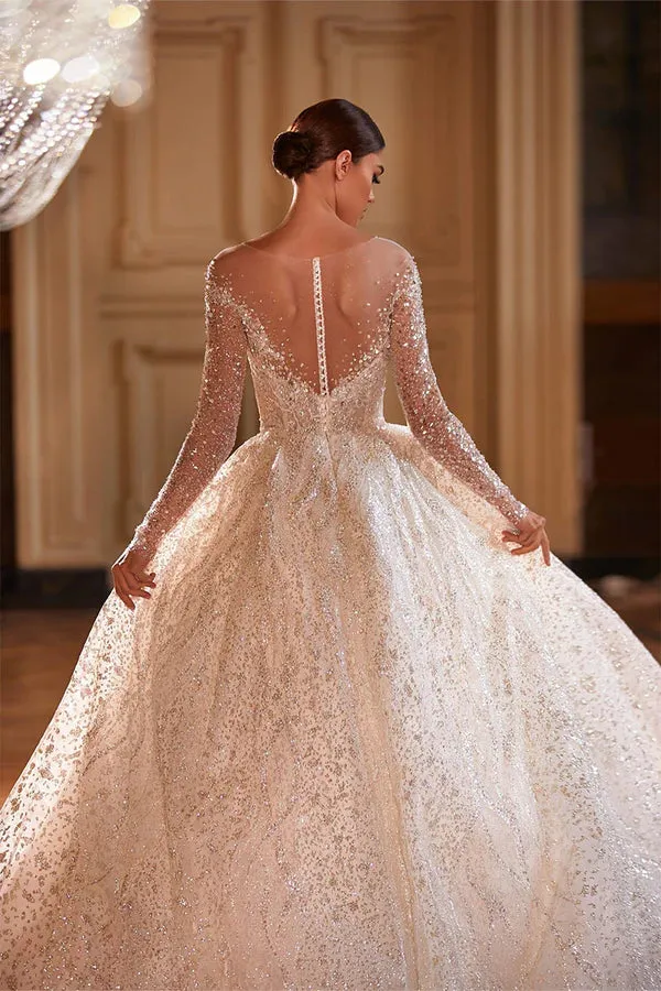 Royal French Princess Bridal Gown: Long-Sleeved Wedding Dress with Sparkling Beads