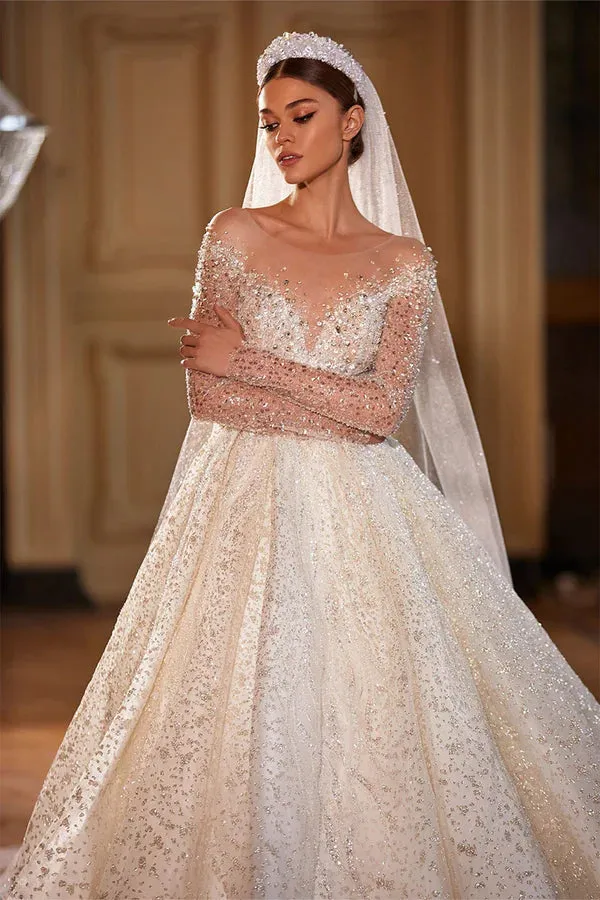 Royal French Princess Bridal Gown: Long-Sleeved Wedding Dress with Sparkling Beads