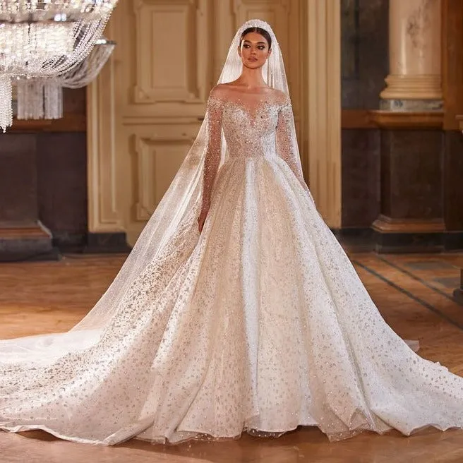 Royal French Princess Bridal Gown: Long-Sleeved Wedding Dress with Sparkling Beads