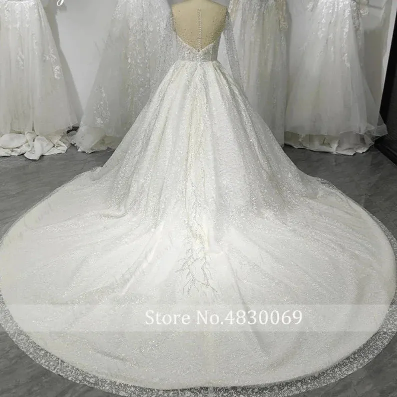 Royal French Princess Bridal Gown: Long-Sleeved Wedding Dress with Sparkling Beads