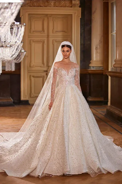 Royal French Princess Bridal Gown: Long-Sleeved Wedding Dress with Sparkling Beads