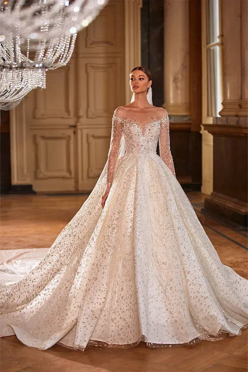 Royal French Princess Bridal Gown: Long-Sleeved Wedding Dress with Sparkling Beads