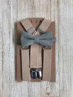 Sage Olive Bow Tie with Khaki Elastic Suspender Set