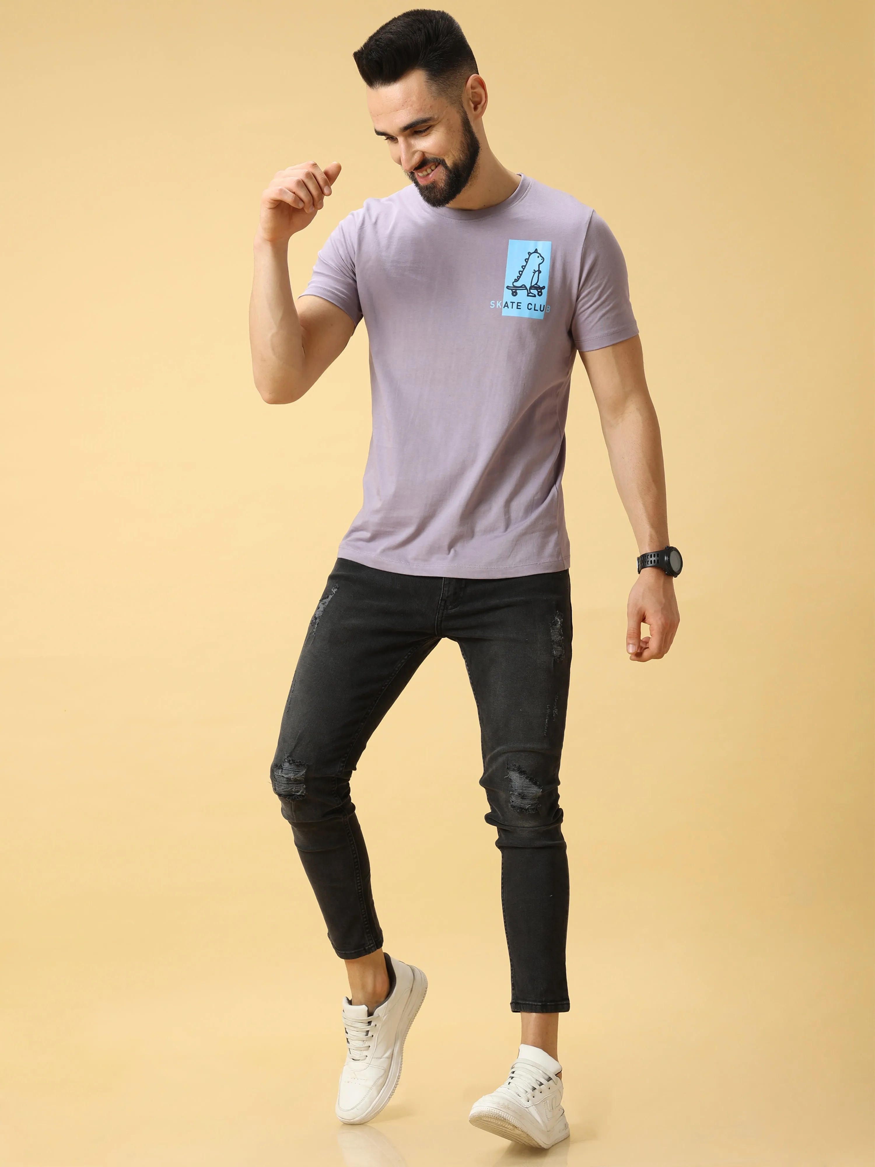 Skate Club Lt Blue Chest Print Crew Neck T-Shirt