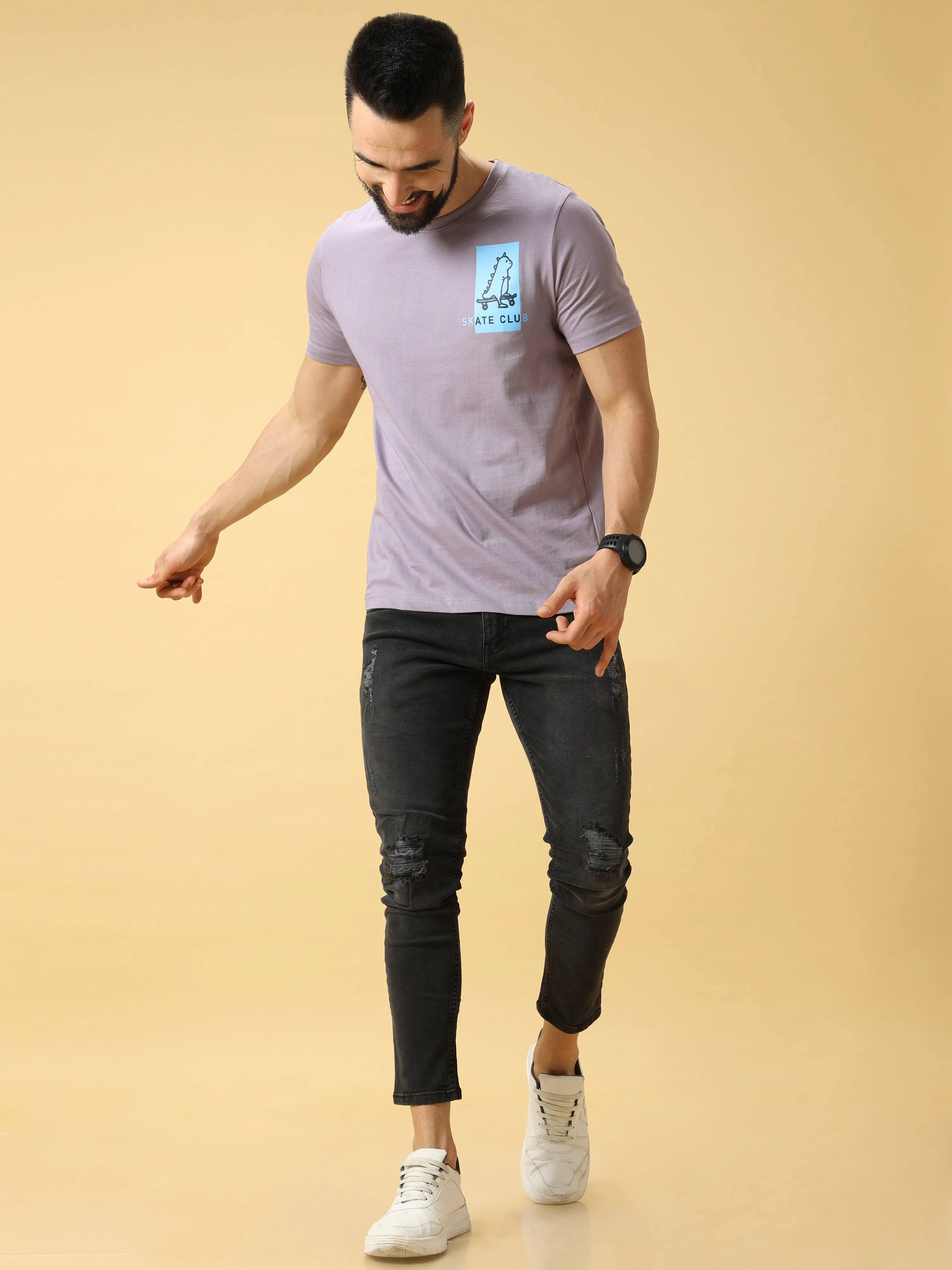 Skate Club Lt Blue Chest Print Crew Neck T-Shirt