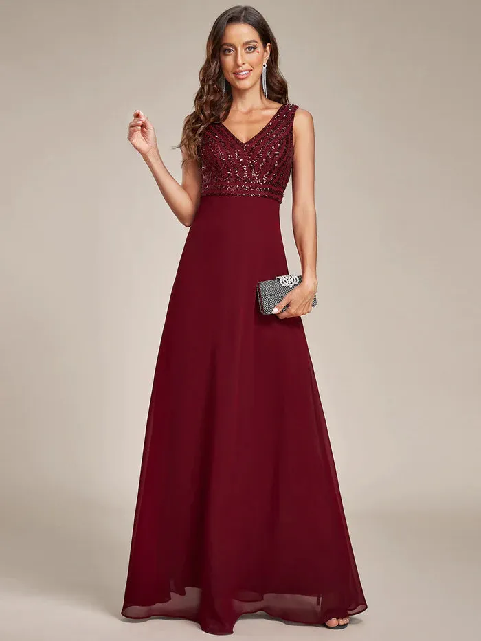 Sleeveless V Neck Sequin & Chiffon Bridesmaid Dress