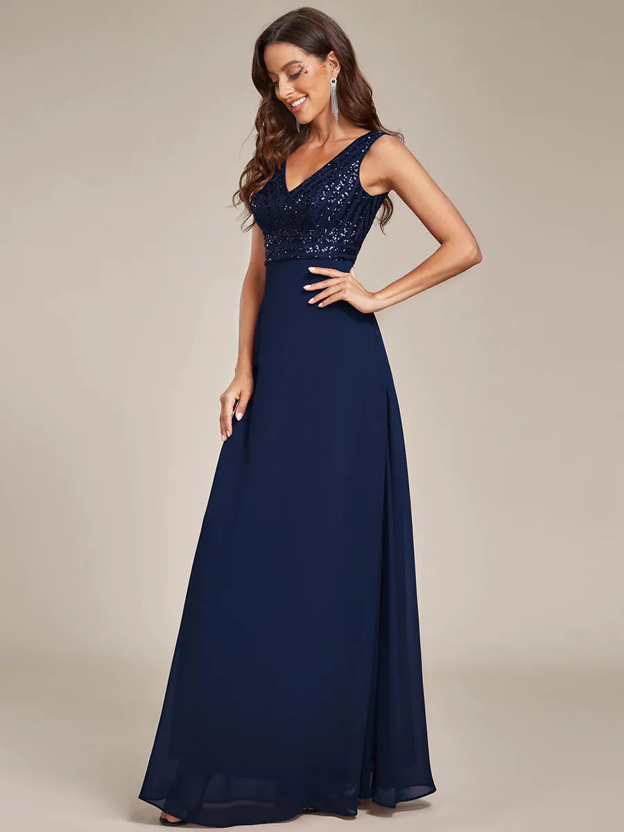 Sleeveless V Neck Sequin & Chiffon Bridesmaid Dress