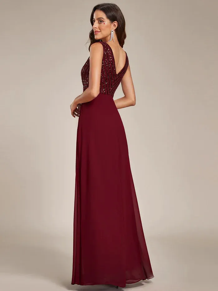 Sleeveless V Neck Sequin & Chiffon Bridesmaid Dress