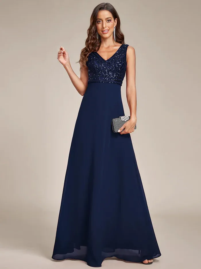 Sleeveless V Neck Sequin & Chiffon Bridesmaid Dress