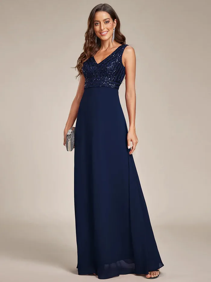 Sleeveless V Neck Sequin & Chiffon Bridesmaid Dress