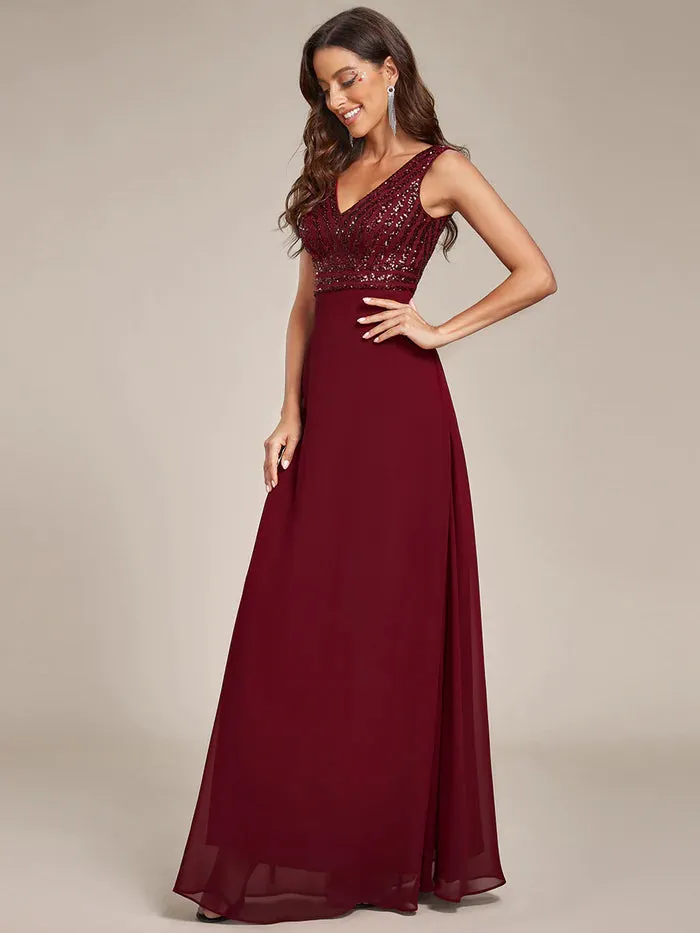 Sleeveless V Neck Sequin & Chiffon Bridesmaid Dress