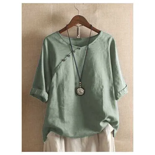 Solid Color Short Sleeve Button T-shirt