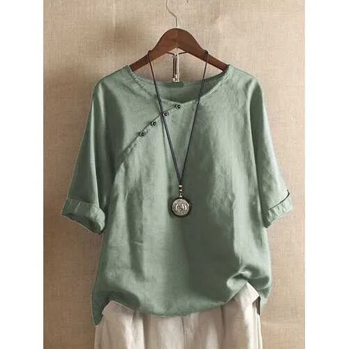 Solid Color Short Sleeve Button T-shirt