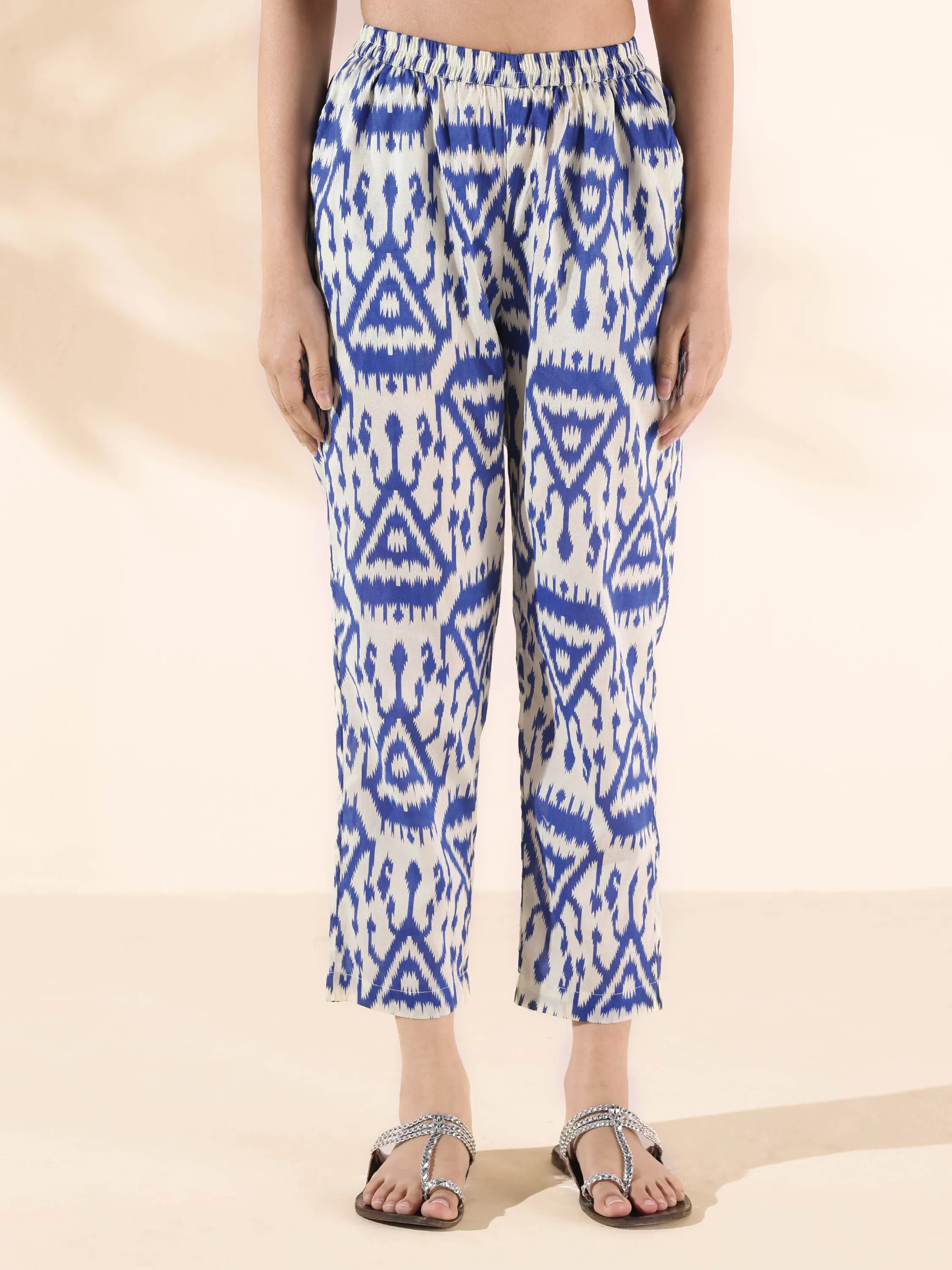 trueBrowns Blue Cotton Ikat High-Low Kurta Pant Set