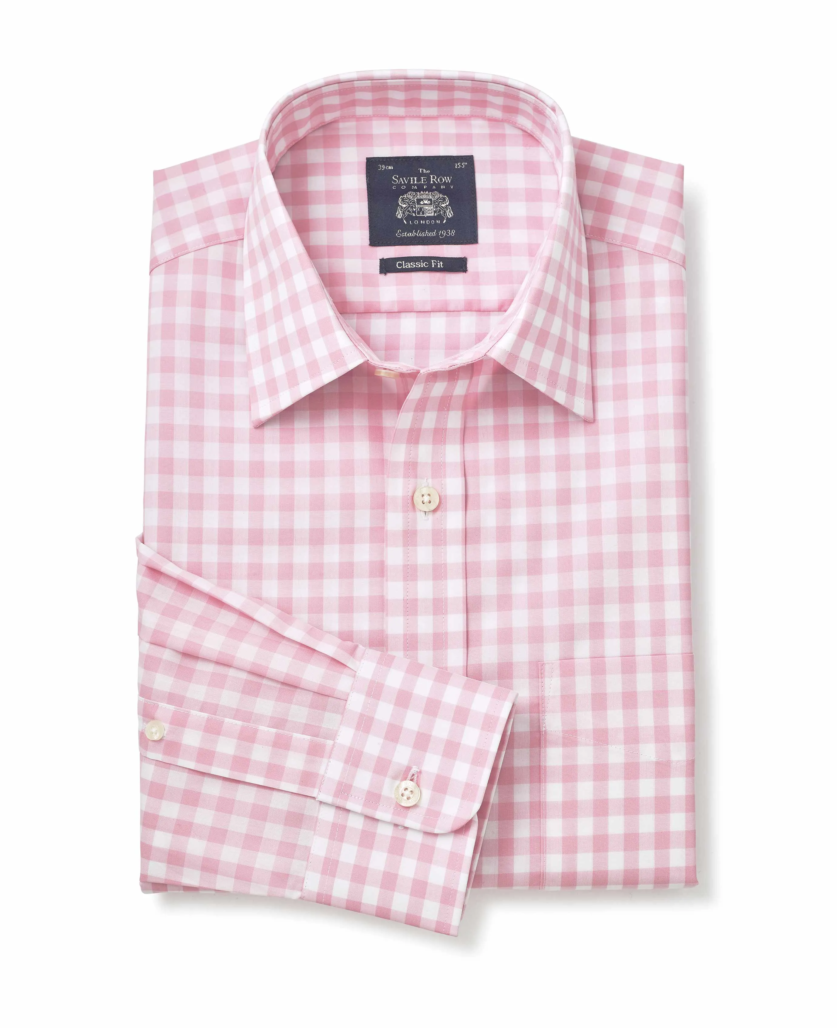 White Pink Gingham Check Classic Fit Shirt - Single Cuff