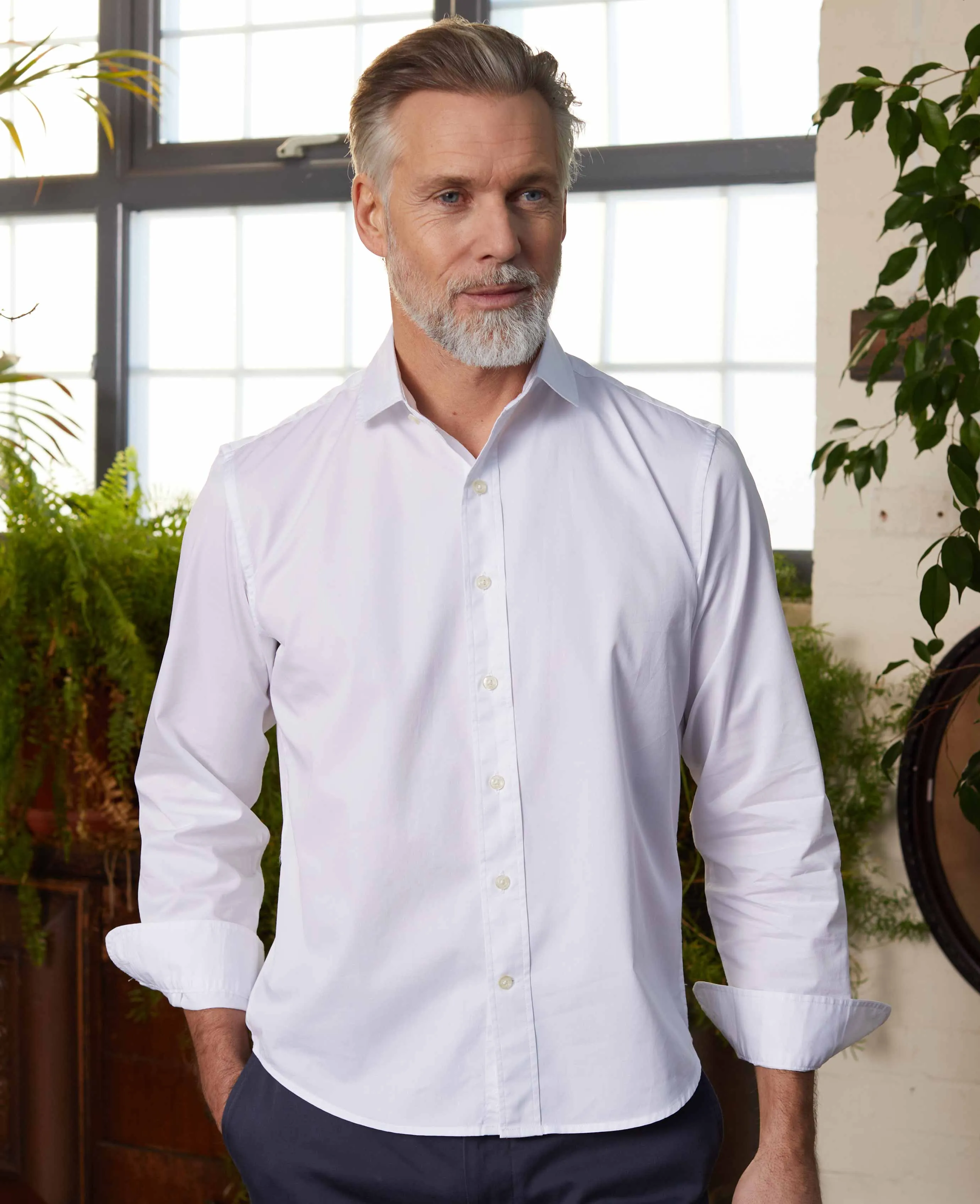 White Twill Slim Fit Shirt in Shorter Length