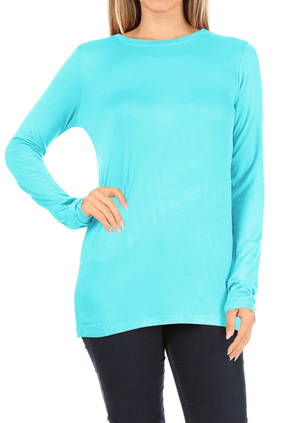 Women's Casual Long Sleeve Solid Stretch Relaxed Fit Basic Pull On T-Shirts Tunic Top