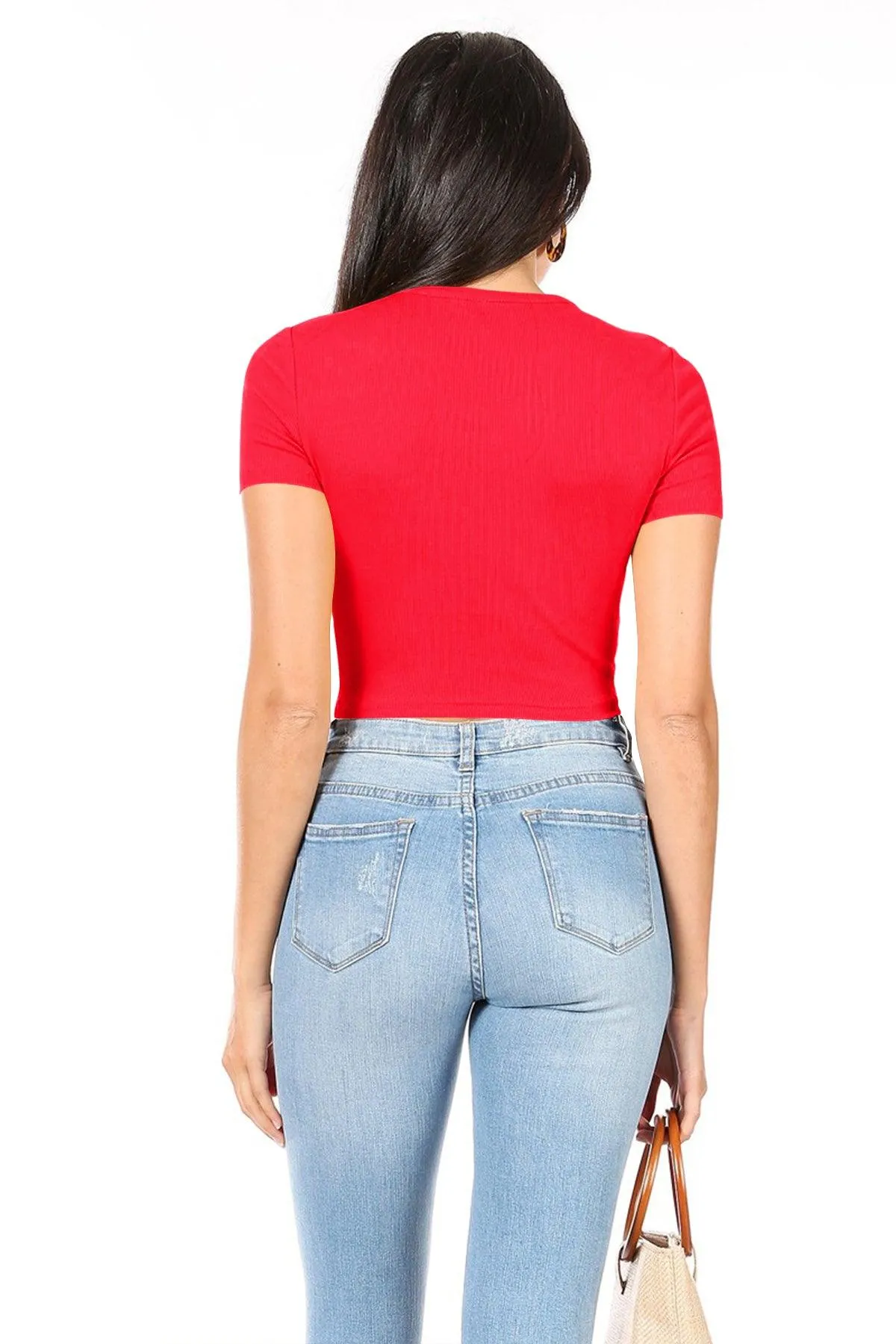 Women's Casual Short Sleeve Solid Stretch Ribbed Crop Top T-Shirt