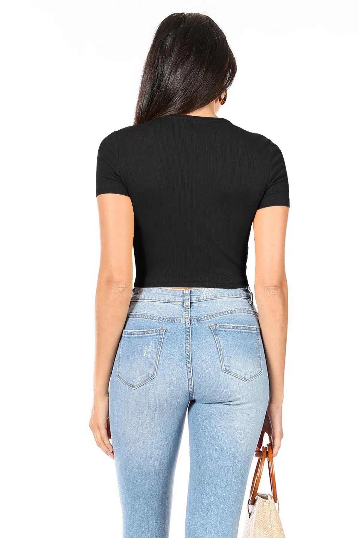 Women's Casual Short Sleeve Solid Stretch Ribbed Crop Top T-Shirt