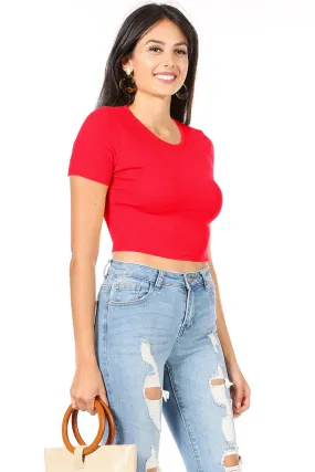 Women's Casual Short Sleeve Solid Stretch Ribbed Crop Top T-Shirt