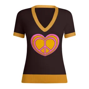 Women's Dark Brown Knitted T-shirt With  Love & Peace