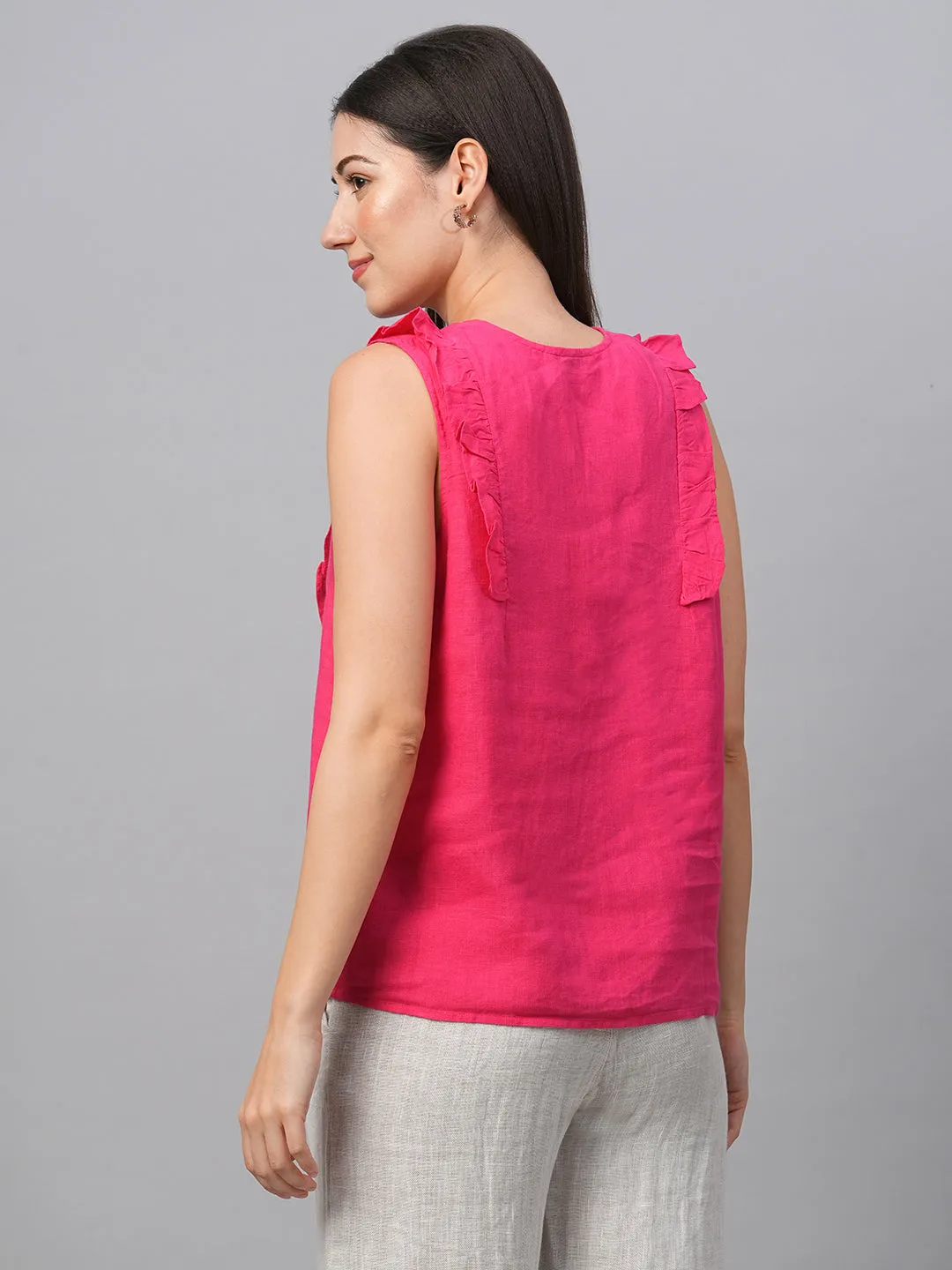 Women's Pink Linen Regular Fit Blouse