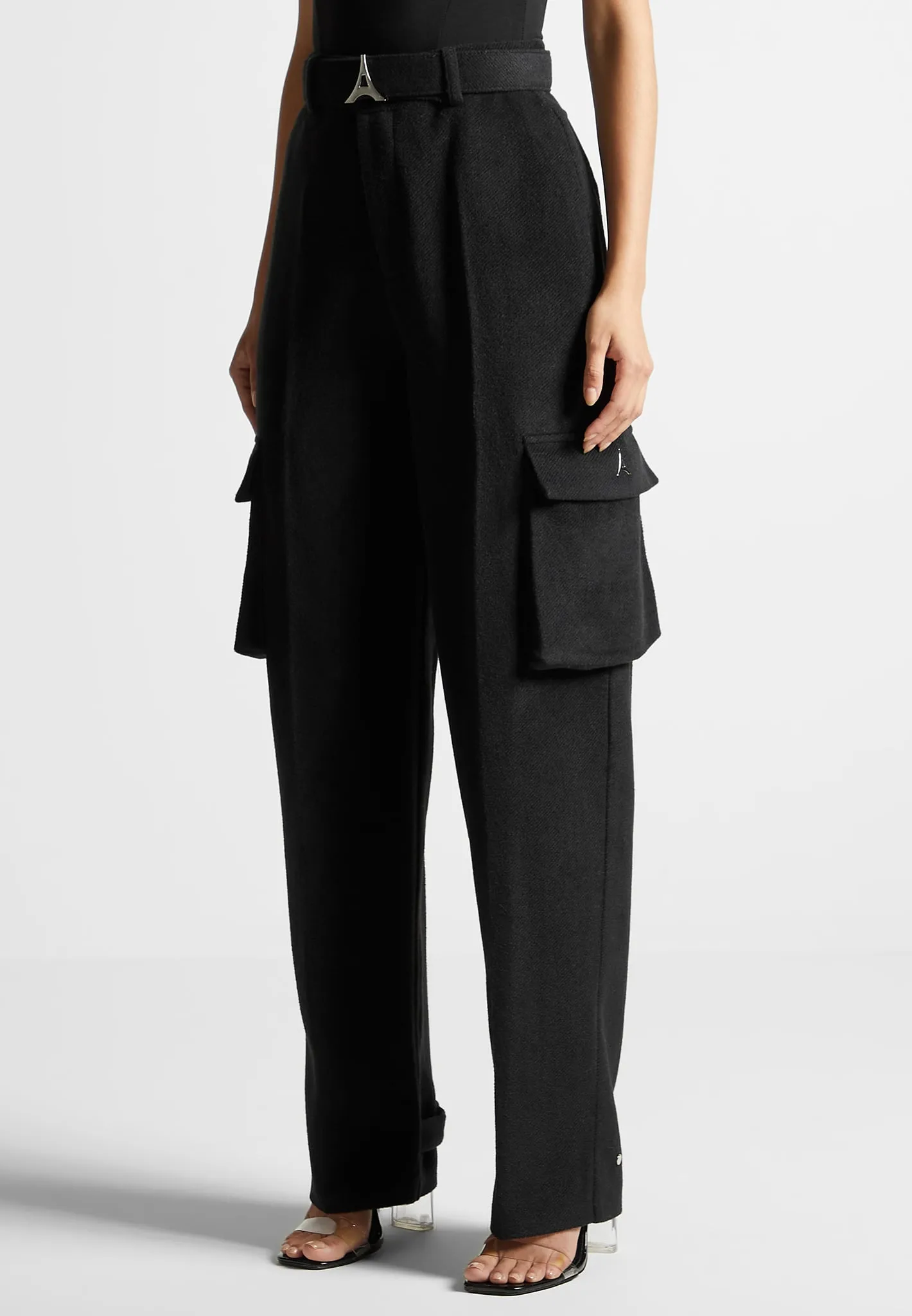 Wool Tailored Cargo Trousers - Black